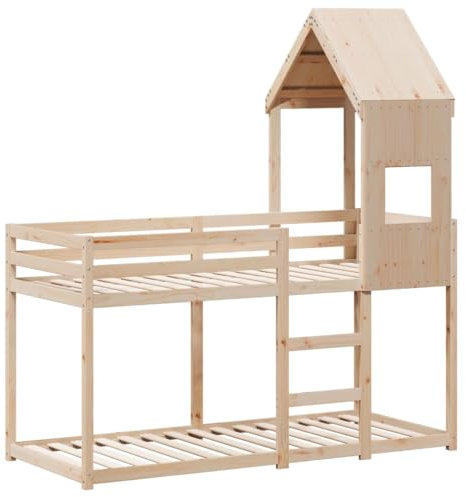 vidaXL Etagenbett, Hochbett mit Dach Leitplanken, Stockbett für Schlafzimmer, Bett Holzbett Einzelbett, 90x190cm Massivholz Kiefer