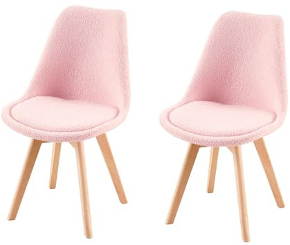 H.J WeDoo 2er Set Nordic Lamm Plüsch Esszimmerstuhl,Küchenstuhl mit Massiven Buchenstuhl Beinen und Lammwolle Kissen,Geeignet für Casual Stühle in Büros,Küchen und Räumen,Rosa
