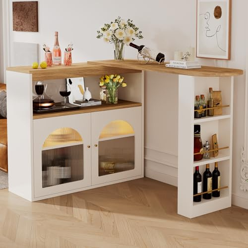 BTM Sideboard, Sideboard, Aufbewahrungsschrank, Kücheninsel, drehbarer Esstisch mit Stauraum & 1 m verstellbarer LED-Lichtleiste, 138-193 x 39 x 105 cm, Schwarz & Braun