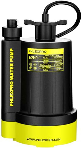 PHLEX PRO 2650GPH Submersible Water Pump 1/2HP Utility Pump, Portable Electric Water Pumps, High Performance for Home, Garden and Emergency Irrigation Solutions