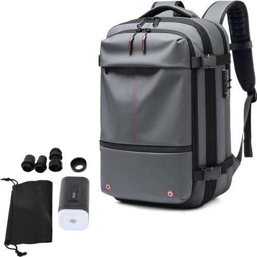 Bewinner Vakuum Rucksack – Wasserabweisender Erweiterbarer 60L mit Vakuum Kompression, Anti Diebstahl Bag Vacuum Backpack für Reisen (GRAU)
