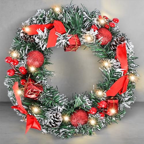 LED Weihnachtskranz: Türkranz Weihnachten, Adventskranz mit Christbaumkugeln und Zweigen, Dekokranz Tischkranz Weihnachtsdeko, als Tür- und Tisch-Dekoration zur Adventszeit und zu Weihnachten