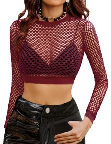 Avidlove Women's Mesh Crop Top Sexy Fishnet T-Shirt Casual Crew Neck Long Sleeve Y2K Blouse Shirt Tight T-Shirt Basic Blouse Tee Dark Red