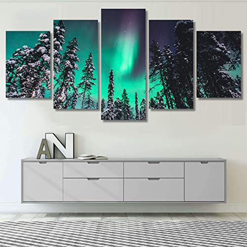 QYYAMDEQ Leinwand Bilder 5 Teilig Wandbilder Polarlicht Aurora Borealis Polarstern Norwegen Skandinavien bild auf leinwand Wohnzimmer Modern Bilder, Poster, Kunstdrucke Büro Flur Bad Küchebilder