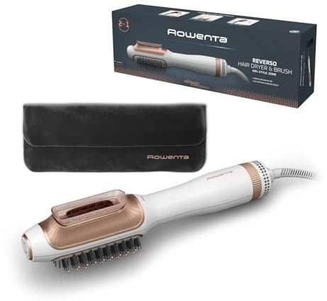 Rowenta Reverso - Secador de Pelo y Cepillo de Aire Caliente 2 en 1, con Función Reverse, Motor Iónico, para Secado Rápido y Peinado Natural, Neceser Incluido, CF9820