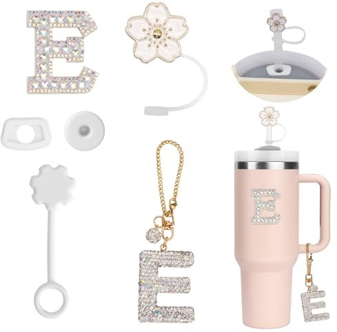 6PCS Personalisierte Tumbler Zubehör für Stanley Cup,Stroh Cover,Initialen Dekorationen für Tumbler,Buchstaben Aufkleber,Buchstaben Charm und Leck Stopper für Stanley Cup (E)