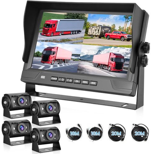 1080P Rückfahrkamera mit 4 geteiltem 9 Zoll Monitor, unterstützt 4 Kameras DVR/IP68 Wasserdicht/Nachtsicht für LKW, wohnmobil, Wohnwagen mit 2x10 M und 2x20 M Kabeln
