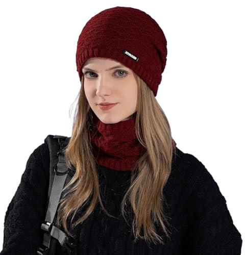 Djfkey Wintermütze Strickmütze mit scarf Damen Herren Warme Mütze Beanie Herbst Winter Schal und Mütze Set 54-60CM Damenmützen (Standard, weinrot)