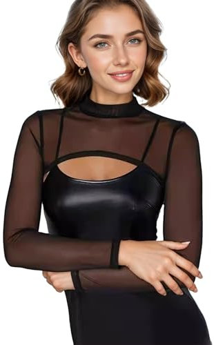 XDGBGFN Mesh Oberteil Damen Crop Top Langarm Schmale Passform Mesh Top Stehkragen Mesh Top Damen für Party, Strand, Club (DE/NL/SE/PL, Alphanumerisch, L, Regular, Regular, Schwarz)