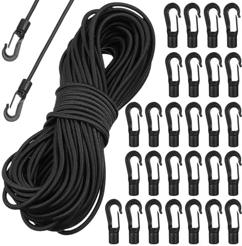 UKCOCO 20m Bungee Cords With Hooks: 4mm Heavy Duty Elastic Cord with 50 pcs Hooks for Backpack Tarpaulin Trailer Tent Poles Kayak,Black