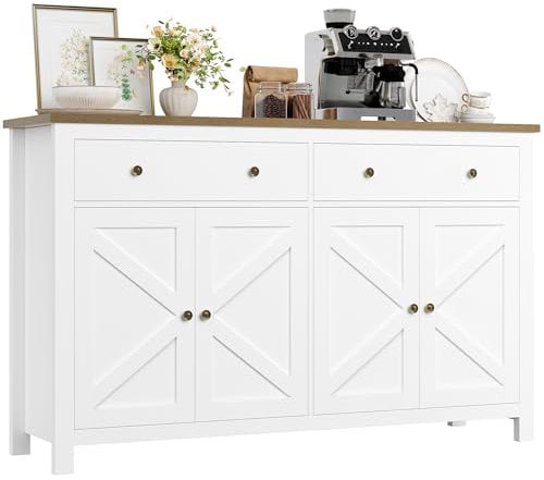 FirFurd Sideboard 140cm Large Kitchen Sideboard Storage Cabinet White Kitchen Cabinet Cupboard with 2 Drawers 4 Doors Adjustable Shelves for Living Room Dining Room 140x40x89cm