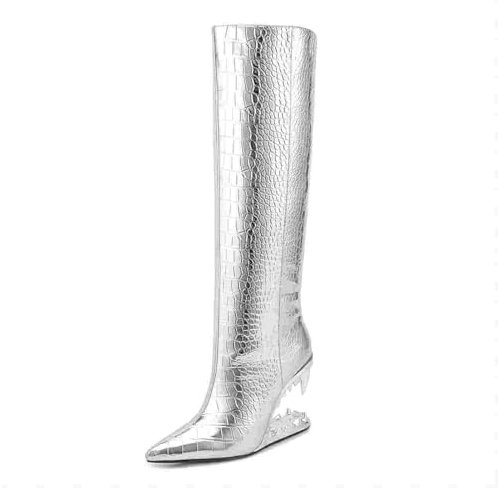 YhdtHSF 10CM Autunno e Inverno Argento Stivali Alti Punta Punta Speciale Tacco Moda Stivali di Grandi Dimensioni Stivali da Donna,Argento,36 EU