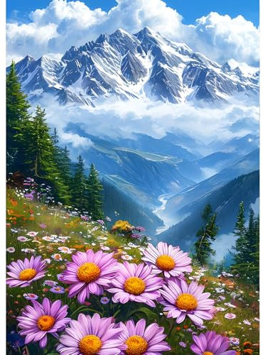 QINRUBB DIY Schneeberg Diamond Painting Erwachsene, 5D Grasland Diamant Painting Bilder Anfänger, Wildblumen Runder Vollbohrer Diamant Kunst Kits Kreuzstich Geschenke Home Wand Dekor 30x40 cm