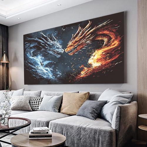ZORYAN Fantasie-Drache Wandbilder Dekoration Wohnzimmer Leinwand Bilder | 60x120cm Schwarz Leinwandbild Schlafzimmer Deko, Wandbilder, Groß Kunstdruck Art Wanddeko Bild Decor Canvas