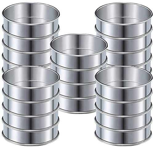 Wrtysully 4 Inch Muffin Ring Crumpet Rings, Set of 20 Stainless Steel Muffin Rings Moulds Double Rolled Tart Rings Round Tart Ring