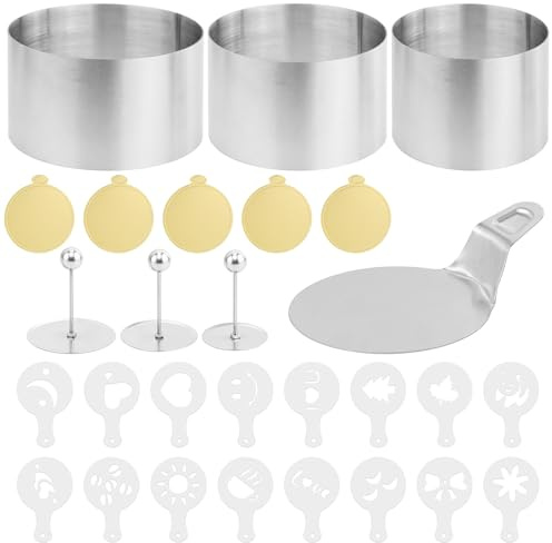 REBECCAGIBSON Dessertringe Set 3 Premium Edelstahl Speiseringe (7cm) mit Deckel & Basis, Nahtlose Mousse Form, 16 Schablonen - Profi Tortenring für Backen, Dessert,Mousse & Anrichten