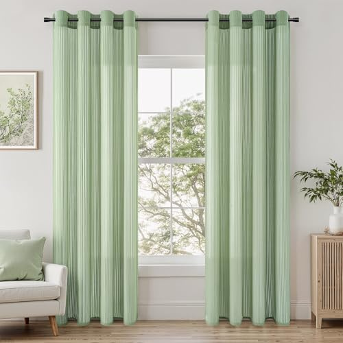 Topfinel Gardinen Transparent 2er Set mit Ösen Voile Vorhang Mit Vertikalem Streifenmuster Modern Durchsichtig Wohnzimmer Schlafzimmer Vorhänge 140x260cm Salbeigrün