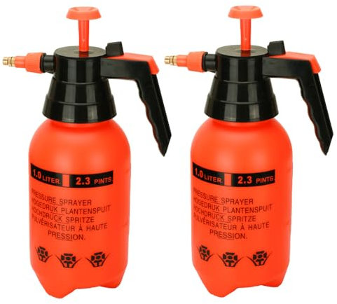 MRPAPA Handpumpensprüher, 2 Stück, 1000 ml, Rasen- und Gartendruck-Wassersprühflasche mit verstellbarer Messingdüse, für Pflanzen und andere Reinigungslösungen (1 l, Orange)