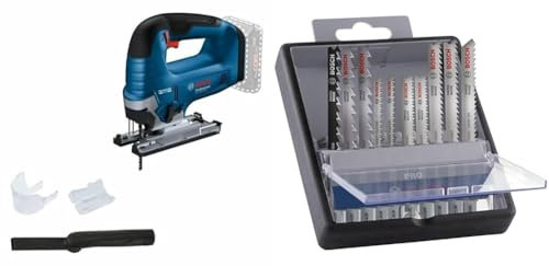 Bosch Professional 18V System Cordless Jigsaw GST 18V-125 B + 10x PRO Hardwood and Laminate Jigsaw Blade Set (for Hardwood, Parquet, Length 83 mm)