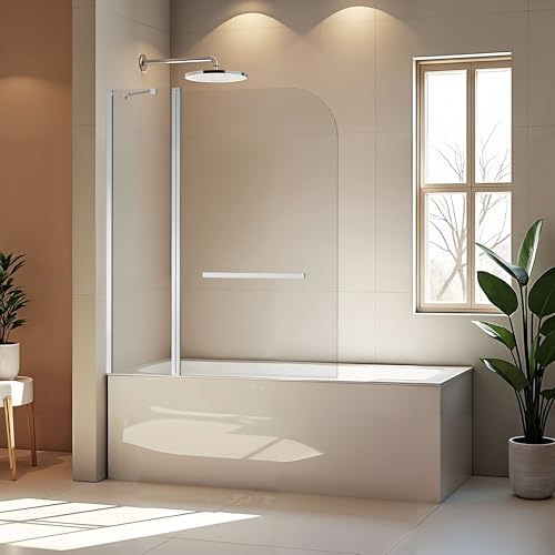 BoBliss 48 W x 58 H Bathtub Shower Door, Frameless Glass Shower Door with 1/4 (6mm) Clear Tempered Glass, Chrome Finish Shower Glass Doors for Bath Tub, 180° Rotatable Panel, Silver