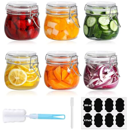Kongming Einmachgläser mit Bügelverschluss, Vorratsgläser mit Deckel Luftdicht, Glas Bügelgläser Transparent Drahtbügelgläser mit Etiketten, Stift und Becherbürste für Kimchi Fermentieren (6×500ml)