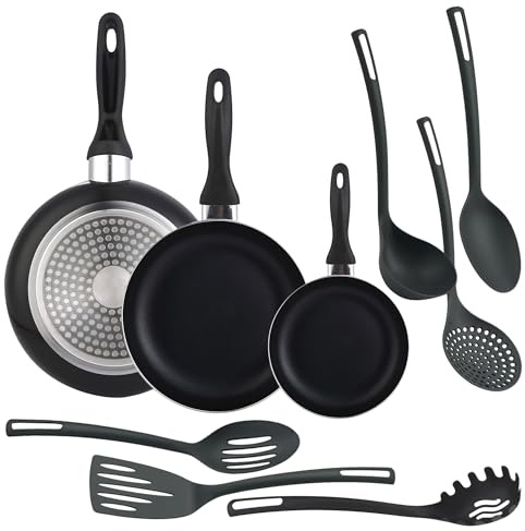 Well Home Set de 3 Sartenes Ø16Ø20Ø24cm de Aluminio prensado en Negro + 6 Utensilios de cocina en PBT color Negro