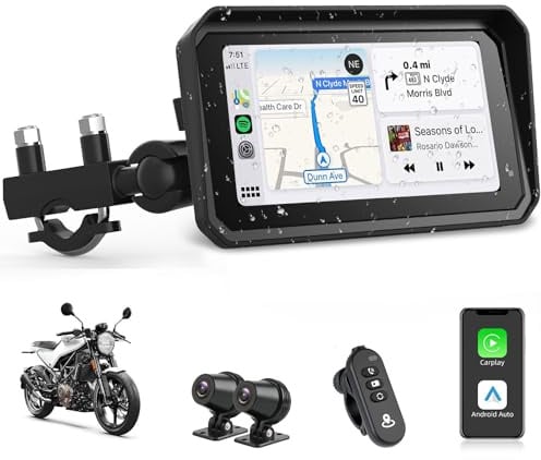 6,25 Pouces Carplay Moto Android Auto avec 4K Dashcam Moto GPS Navigation | Enregistrement Simultané avec les Caméras Avant et Arrière, IP67 étanche, Bluetooth, Siri/GOogle, Enregistrement en Boucle