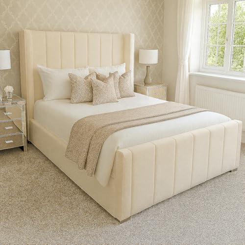 Attock Beds Plush Velvet Wing Panel Bed Frame with Optional Mattress & Ottoman Gas Lift Storage – Luxury Handmade Bed (Cream Plush, Small Double 4ft Bed Frame)