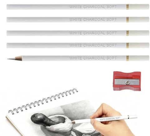 5 Pcs White Charcoal Pencils for Drawing, Professional Charcoal Pencils, Highlight Sketch Pencil, Wooden Sketch Precision Pencil, with A Pencil Sharpener, for Drawing, Sketching, Shading, Blending