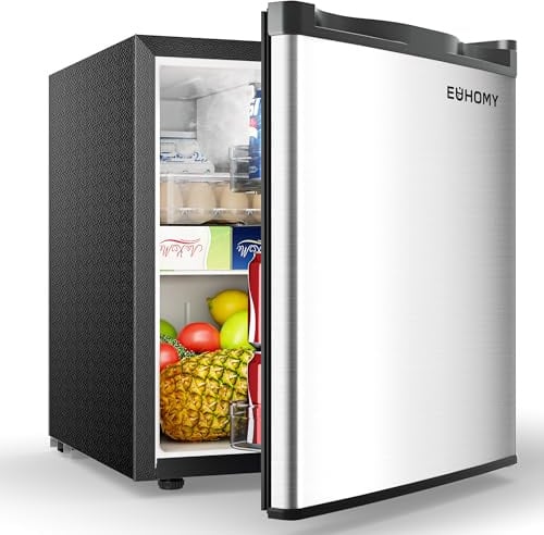 EUHOMY Mini Frigorifero 46L, Frigorifero Piccolo con Freezer, Mini Frigo con Porta Reversibile, Termostato a 7 Livelli, 38dB Silenzioso, Frigorifero per Camera, Ufficio, Appartamenti, Argento
