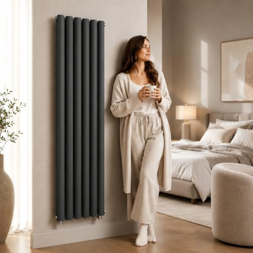 The Radiator Hub AURA 1600 x 360mm Anthracite Single Oval Vertical Designer Radiator, Tall 6 Oval Column Tubes Wall Mounted Central Heating Radiator for Bathroom, Kitchen, Hallway & Living Room