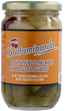 GROTAMINARDA | Spicy Pickled Skewers | 300 G Gourmet Spanish Antipasto Skewers with Olives Pickles & Peppers Mediterranean Tapas 10.6 oz (10.6 oz (1 Pack))