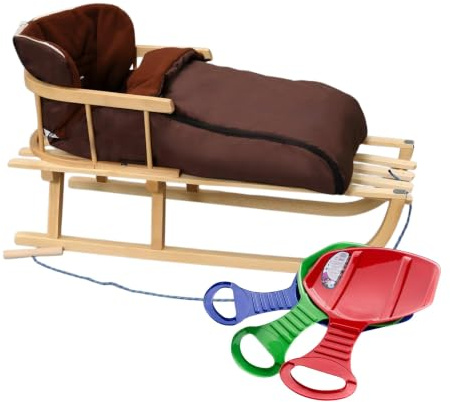 BirnePower Holzschlitten 90cm mit Rückenlehne und Winterfußsack 90cm oder 108cm Komplettset inkl. Zugseil & Gurt, Rodelschlitten aus Buchenholz