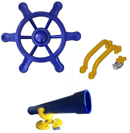 Spielturm Zubehör Set Piratenlenkrad, Fernrohr & Handgriffe blau – Klettergerüst, Baumhaus & Abenteuerbett Zubehör, wetterfester Kunststoff, inkl. Montage