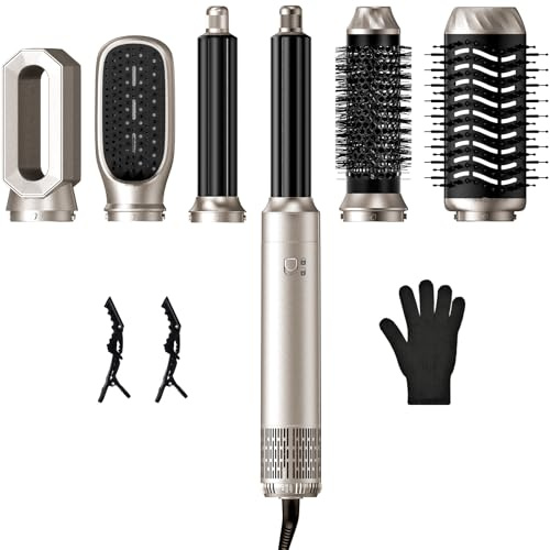 KYN Cepillo Secador de Pelo 6 en 1 Plata, Multifunción Moldeador de Pelo con Rizador Automático, Secador, Plancha Alisadora, Cepillo Redondo, Peine de aire caliente con 3 Niveles de Temperatura Iónico
