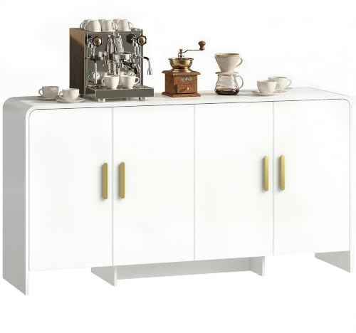 HOMCOM Küchenschrank, Küchenschrank mit 4 Regalen, 4 sanft schließenden Türen, abgerundete Kanten, Sideboard für Esszimmer, TV-Möbel mit 182 cm (72 Zoll), 152 x 40 x 80 cm, Weiß