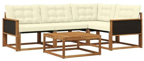 vidaXL Outdoor-Sofagarnitur mit Kissen 5 pcs Natur und Creme, Moderne Garten-Sofa-Garnitur, langlebige Möbel, schicker Akazienholz-Sitz, Bequeme Terrassen-Lounge