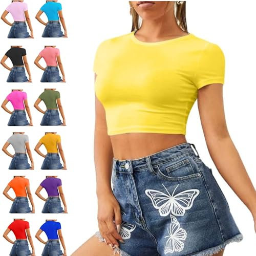 Re Tech UK - Women's Basic Ladies Short Sleeve Stretchy Crop Tops for Women, Slim Fit Crew Neck, Cropped T Shirt, Summer, Cute, Tshirt, Sizes 8-14 (S/M 8-10, Yellow)