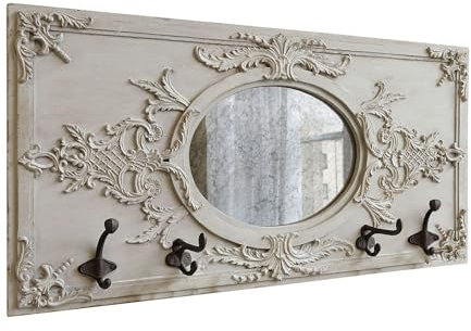 Loberon Garderobe Béatrice, mit Umrahmter Spiegelfläche, Romantisches Design, Shabby-Chic, mit Vier Garderobenhaken, Polyresin, Spiegelglas, antikbraun