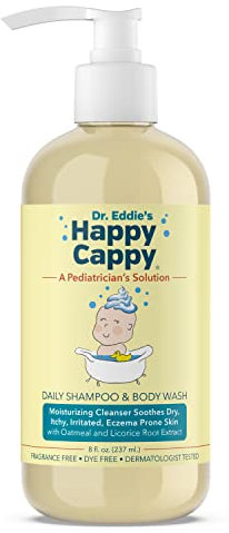 Happy Cappy Dr. Eddie's Champú diario y gel de baño para niños, alivia la piel seca, con picazón, sensible y propensa al eccema, probado por dermatólogos, sin fragancia, sin tinte, 8 oz