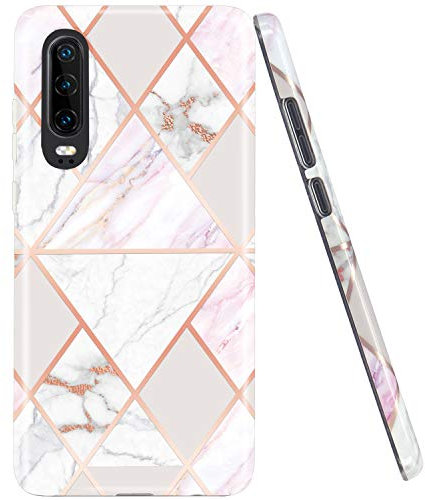 JAHOLAN Huawei P30 Hülle Handyhülle TPU Silikon Weiche Schlank Schutzhülle Handytasche Flexibel Case Handy Hülle für Huawei P30 - Marmor Shiny Rose Gold Geometric Pink