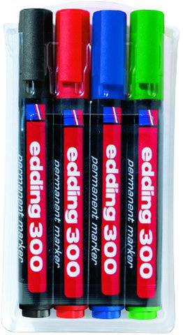 edding® Permanent marker 300, refillable, bullet tip, 1.5-3 mm, barrel colour: black, ink colour: 4 assorted (4 pieces), you will receive 1 pack of 4 pieces.