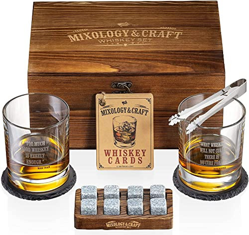 Mixology & Craft Whiskey Stones Gift Set for Men, 10 oz Whiskey Glasses w/ 8 Granite Chilling Rocks, 2 Coasters, Metal Tong & Cocktail Cards in Wooden Box - Round (Pack of 2)