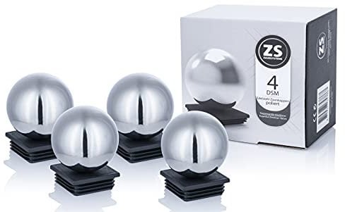 Edelstahl Zaunkappen Set | Pfostenkappen für Doppelstabmattenzäune 60x60mm Kappengröße | Zaundekoration | Zaundekor | Pfostenkappen mit Edelstahlkugel (4 Set - Poliert - 78mm Kugel)