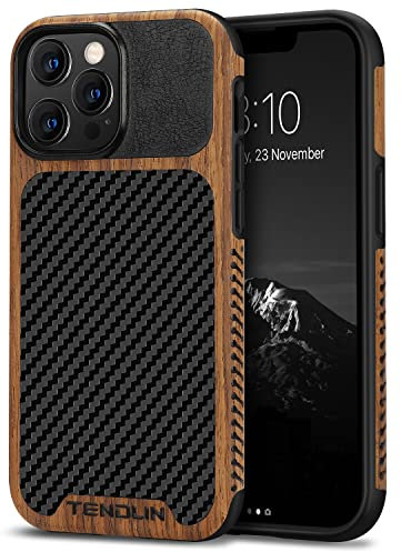 TENDLIN Compatible with iPhone 13 Pro Case Wood Grain with Carbon Fiber Texture Design Leather Hybrid Case Compatible for iPhone 13 Pro 6.1-inch Released in 2021 Black