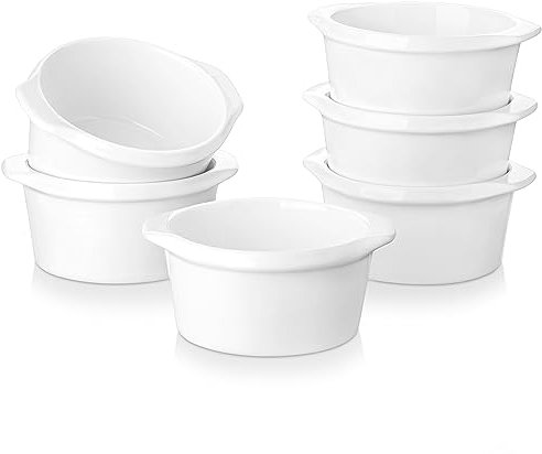 LOVECASA, Auflaufförmchen mit Griff aus Keramik, Set mit 6 Auflaufförmchen, Creme Brûlée, 160 ml, kleine Auflaufform für Kuchen, Gebäck, Soufflé – rund