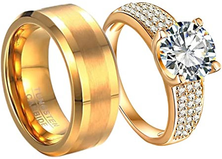 Aotiwe Partnerring Herren Damen Gold Ringe Volles Zirkonia Gebürstet, Vergoldung Frauenringe Größe 49 (15.6) Wolfram Stahl Herrenringe Größe 67 (21.3)