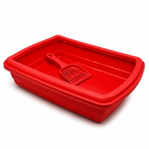 Large Cat Litter Tray, Open Top Litter Box with Removable Rim & Scoop | Cat Toilet Pan, Red