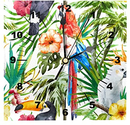 Uhren für Wohnzimmer, Wand, Aquarell, Papagei, Tukan, Vögel, Blumendruck, leise, nicht tickende Uhr, 20,3 cm, batteriebetriebene Zahlen-Wanduhr für Schule, Büro, Heimdekoration