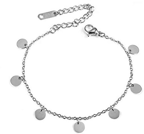 Kim Johanson Edelstahl Damen Fußkettchen *Coins* in Silber | Fußkette mit 7 kleinen Plättchen | Kugeln Fußband | Frauen Boho Schmuck | Verstellbar inkl. Schmuckbeutel